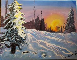 Snowy scene at sunset - Acrylic Painting
